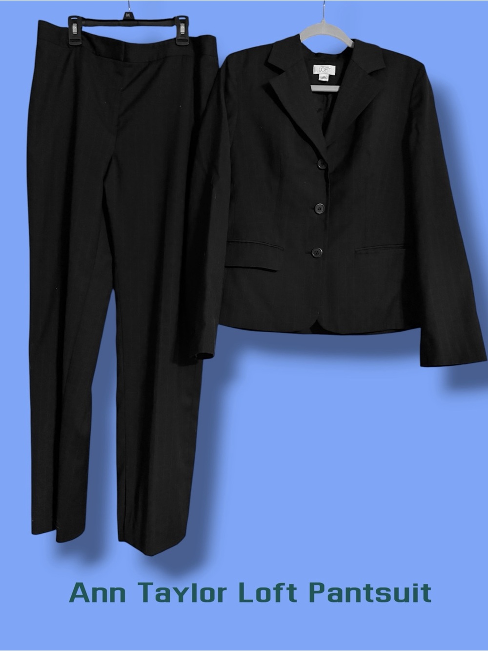 LOFT Black/Blue pin Stripes 2-Piece Tailored Pantsuit - Blazer & Straight Pants